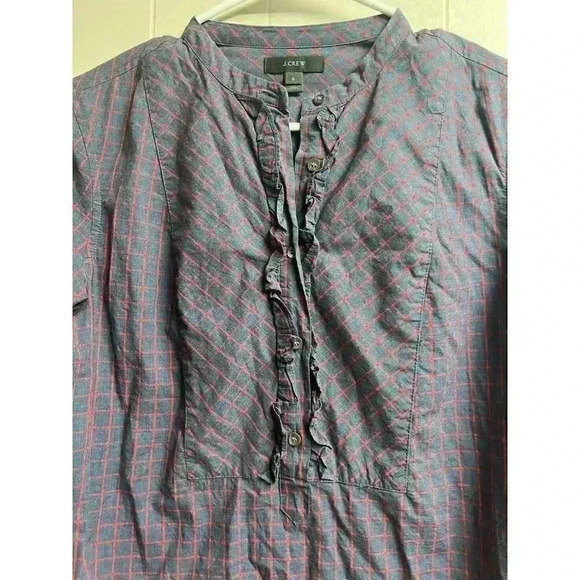 J.Crew Women's Blue Red Mini Windowpane Cotton Ruffle Popover Blouse Size 6 - Picture 3 of 8